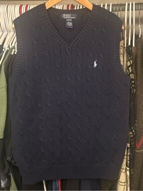 Polo Ralph Lauren Boys Navy Blue Cable-Knit Cotton V-Neck Sweater Vest Size M